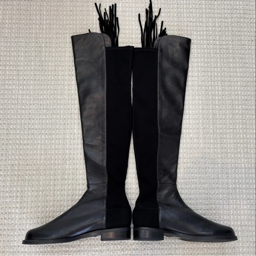 Stuart Weitzman Mane 5050 OTK Black Leather Boots NWOT Western Inspired Fringe 7